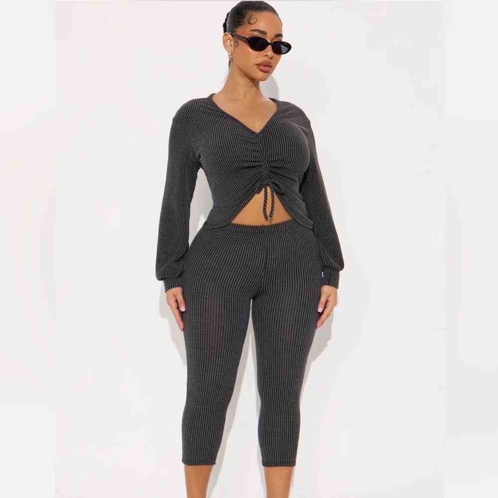 Fashion Nova Charcoal Ribbed Two-Piece Knit Set